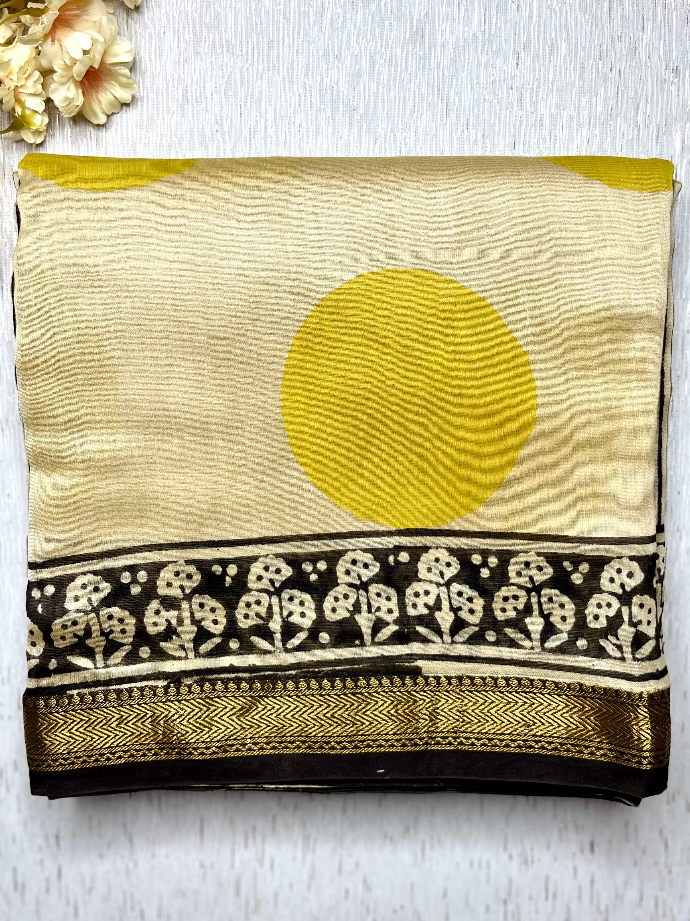 Handblock Printed Silk Cotton Saree -  Vista Cream + Corn Yellow