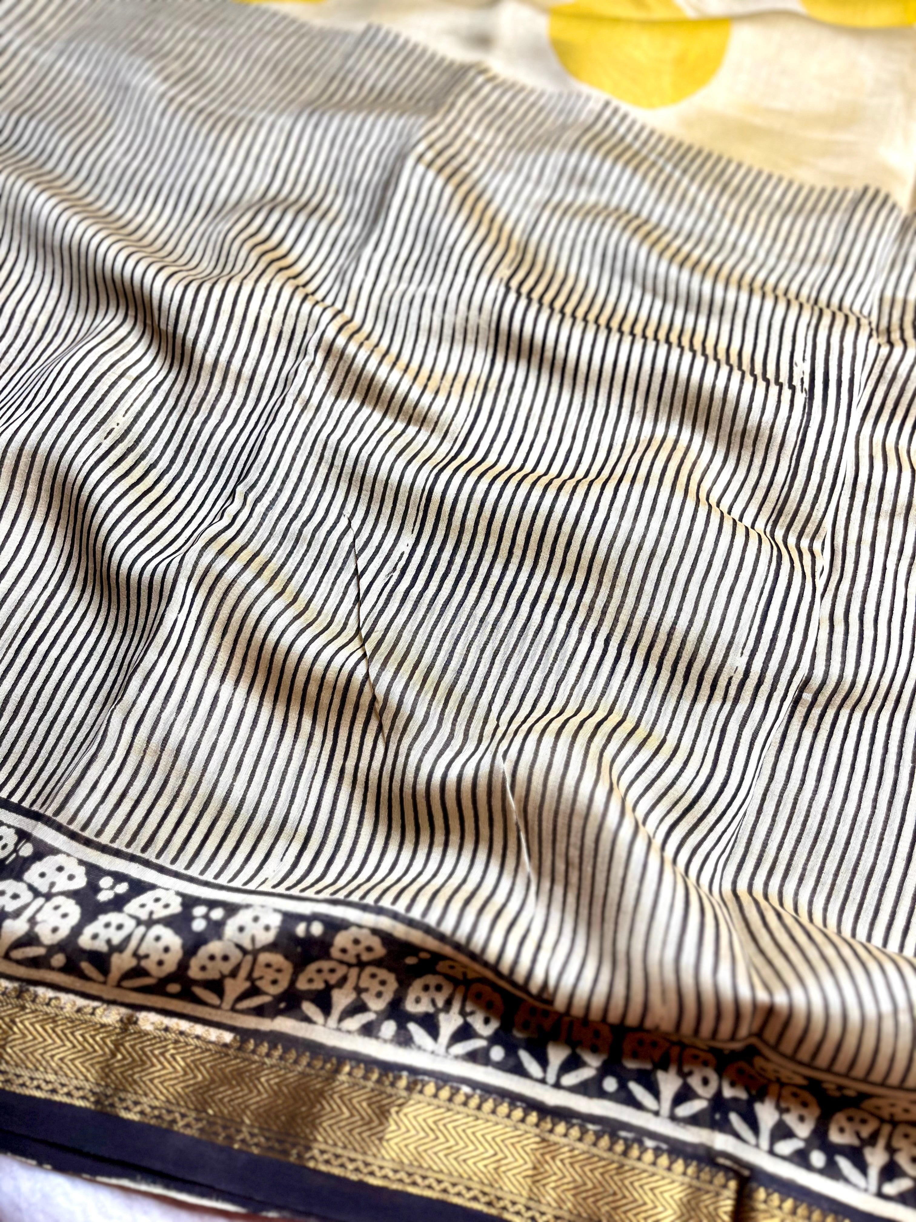 Handblock Printed Silk Cotton Saree -  Vista Cream + Corn Yellow