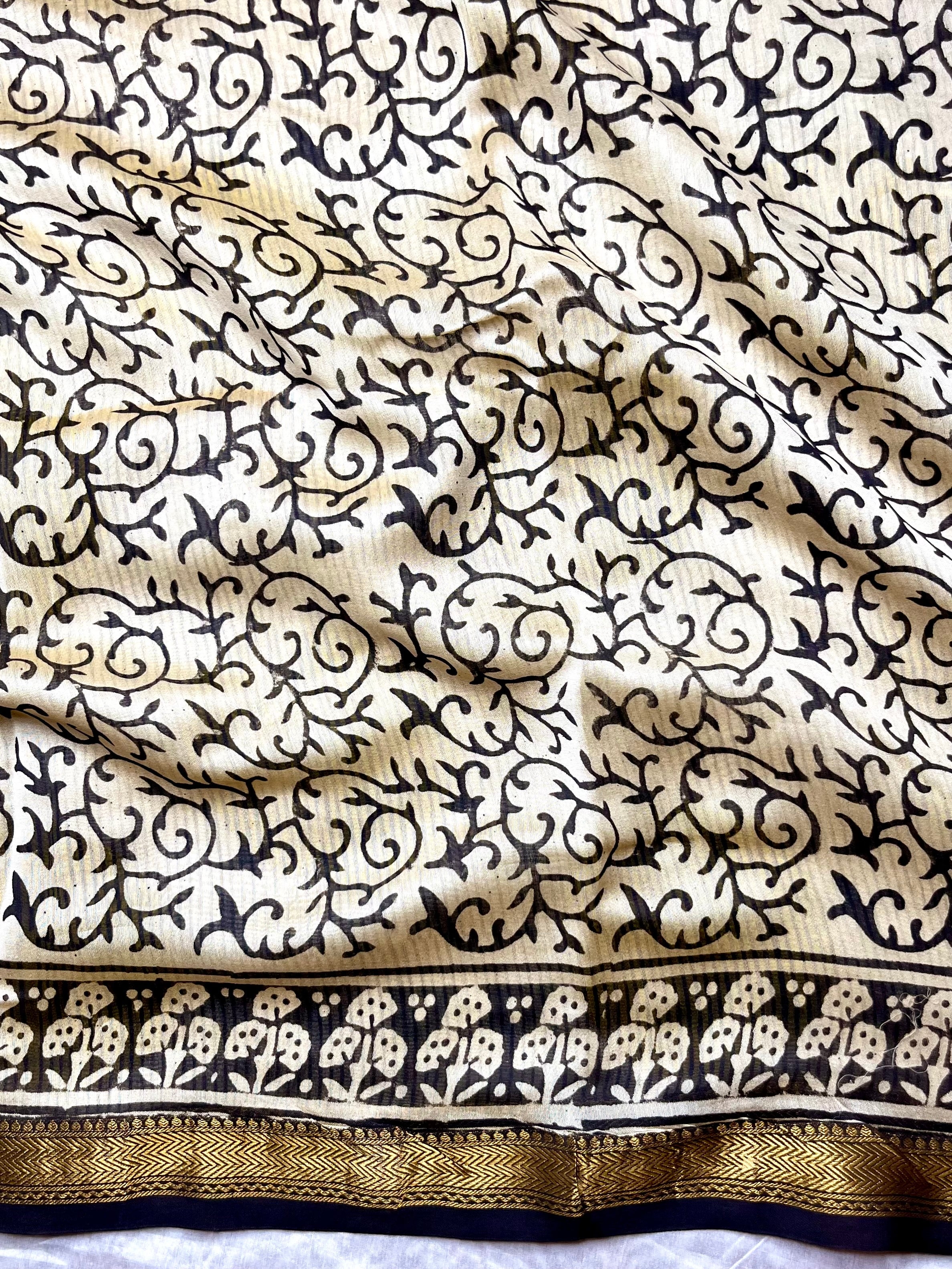 Handblock Printed Silk Cotton Saree -  Vista Cream + Corn Yellow