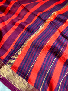 Handblock Printed Silk Cotton Saree - Crimson Red + Blackberry