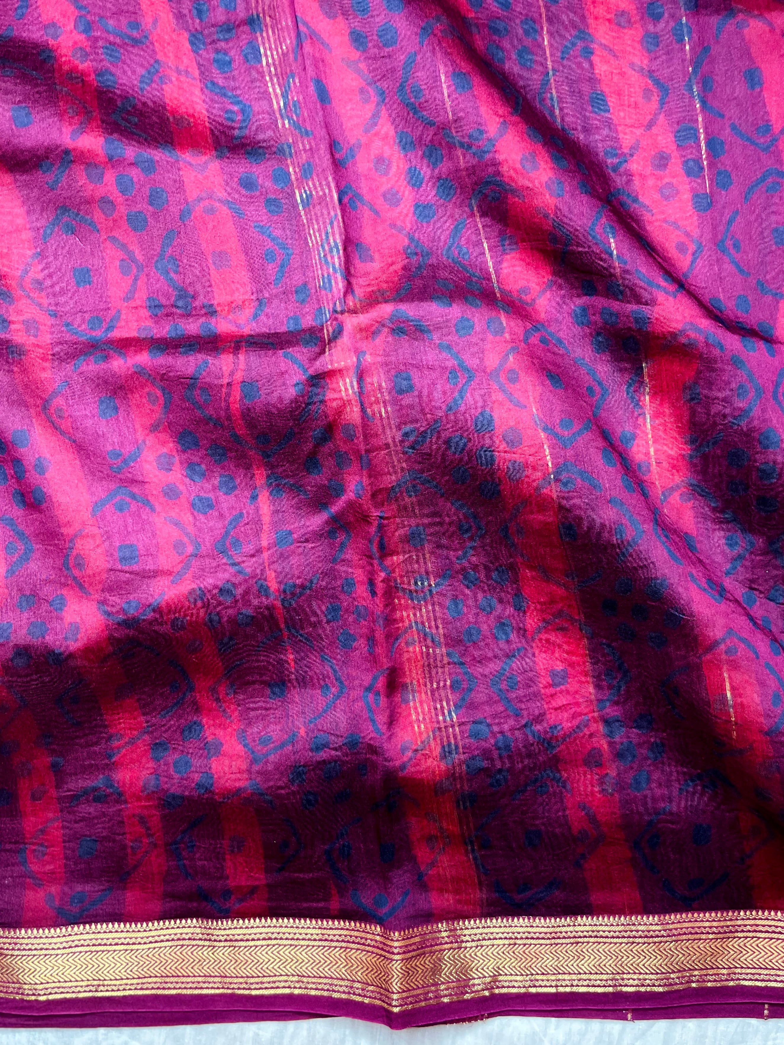 Handblock Printed Silk Cotton Saree - Crimson Red + Blackberry