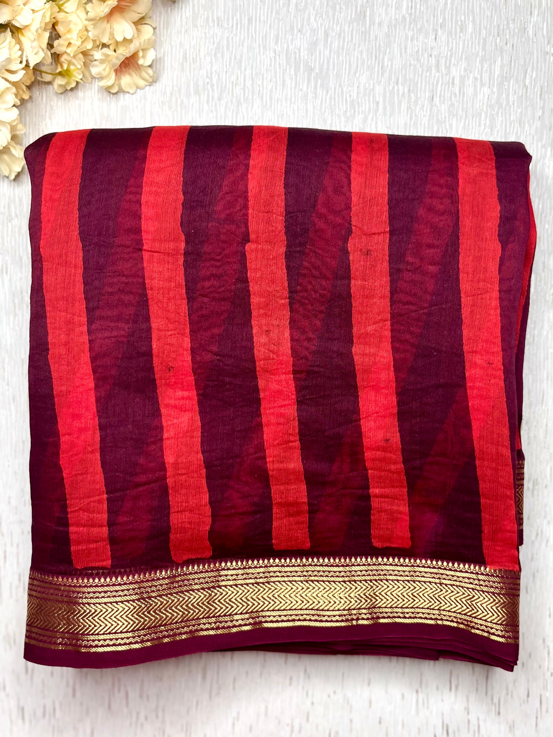 Handblock Printed Silk Cotton Saree - Crimson Red + Blackberry