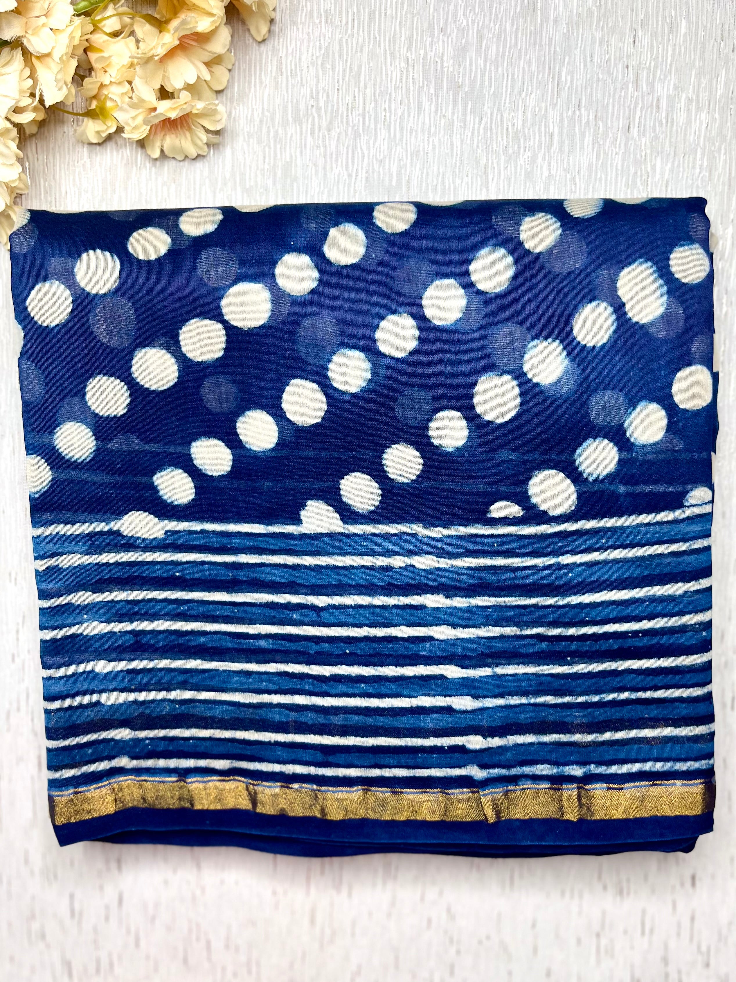 Handblock Printed Silk Cotton Saree -  Deep Sapphire Blue + Merino White
