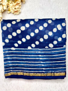 Handblock Printed Silk Cotton Saree -  Deep Sapphire Blue + Merino White