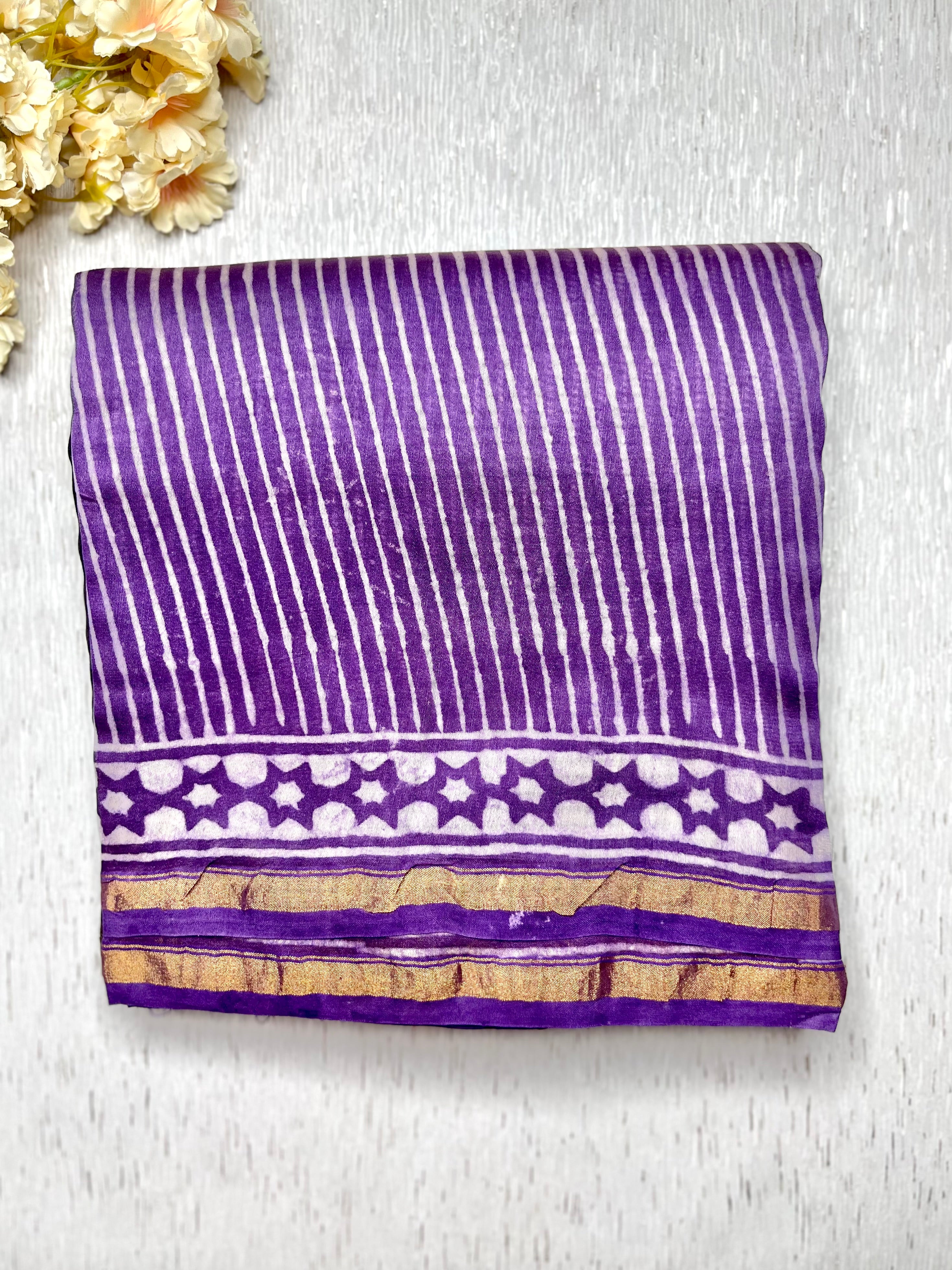 Handblock Printed Silk Cotton Saree - Cinder Black + Trendy Violet