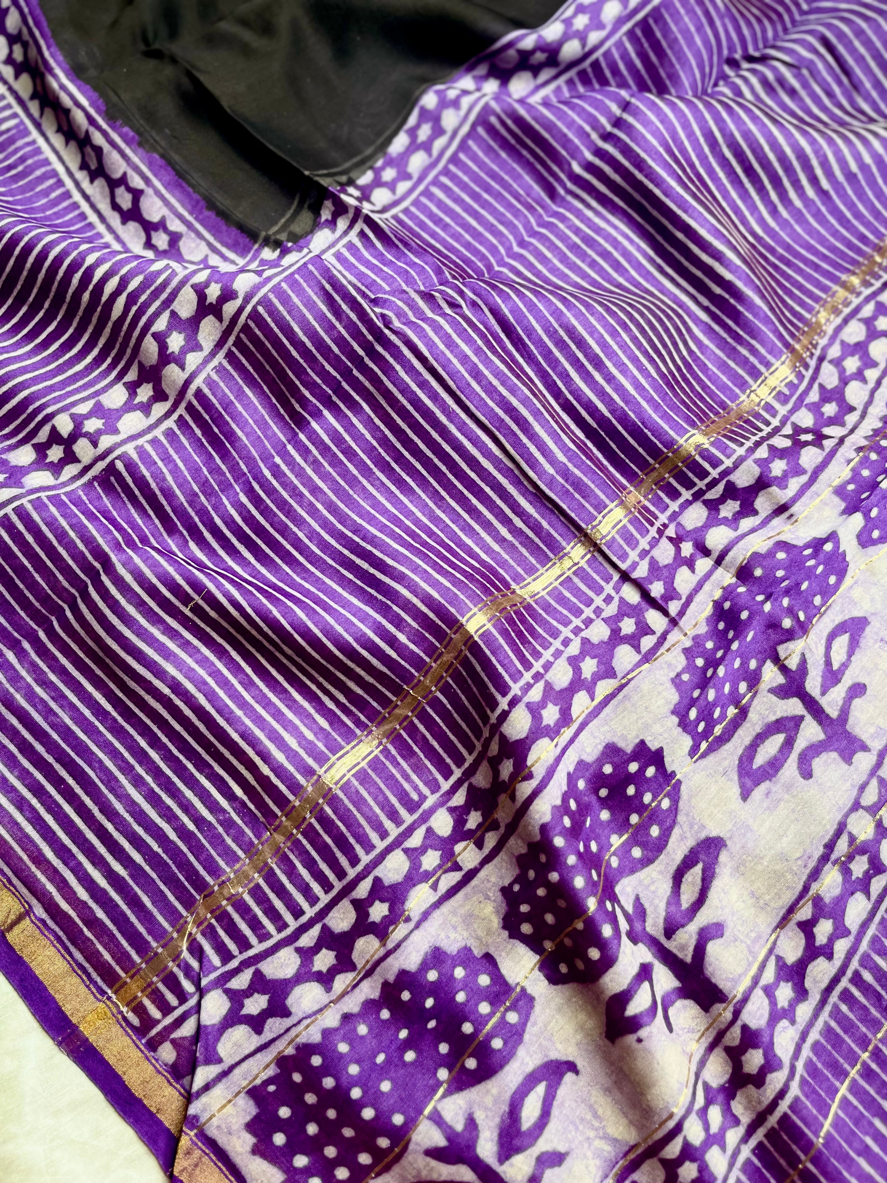 Handblock Printed Silk Cotton Saree - Cinder Black + Trendy Violet
