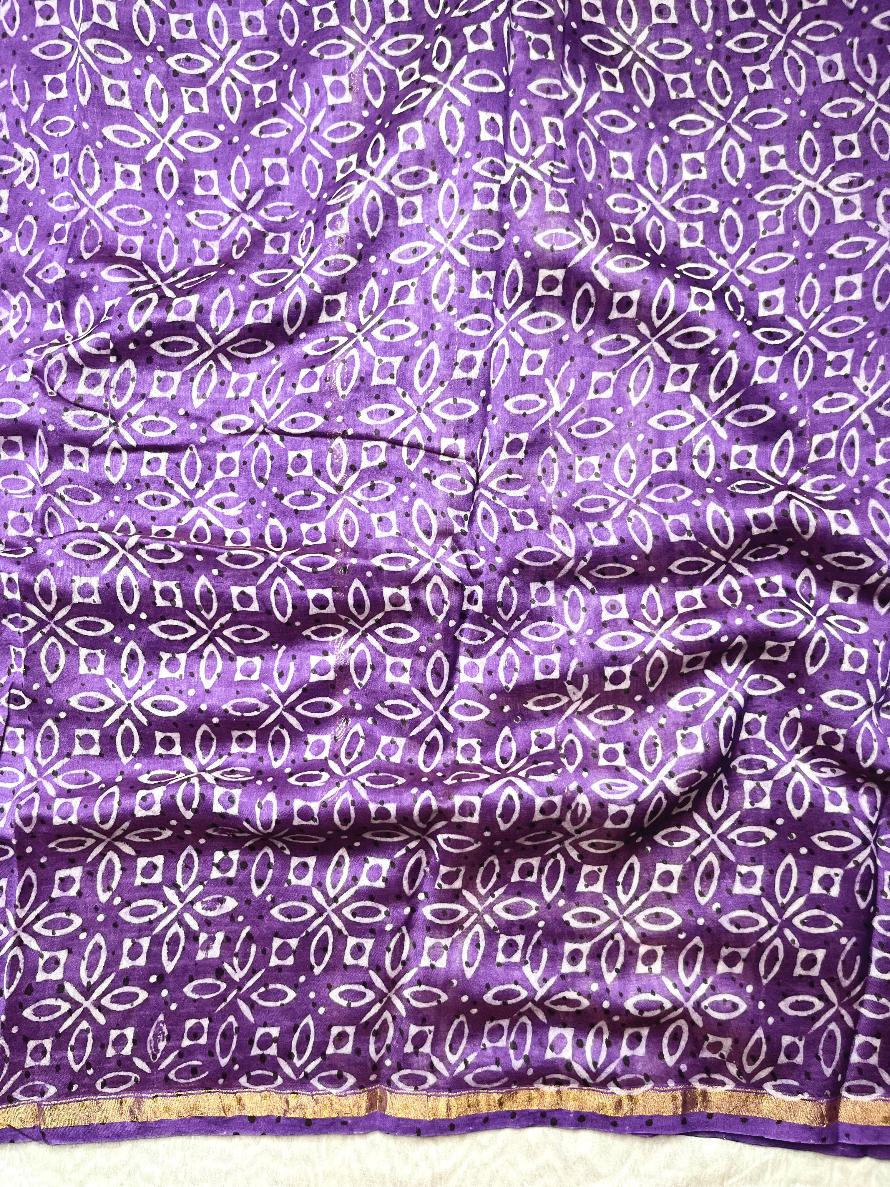 Handblock Printed Silk Cotton Saree - Cinder Black + Trendy Violet