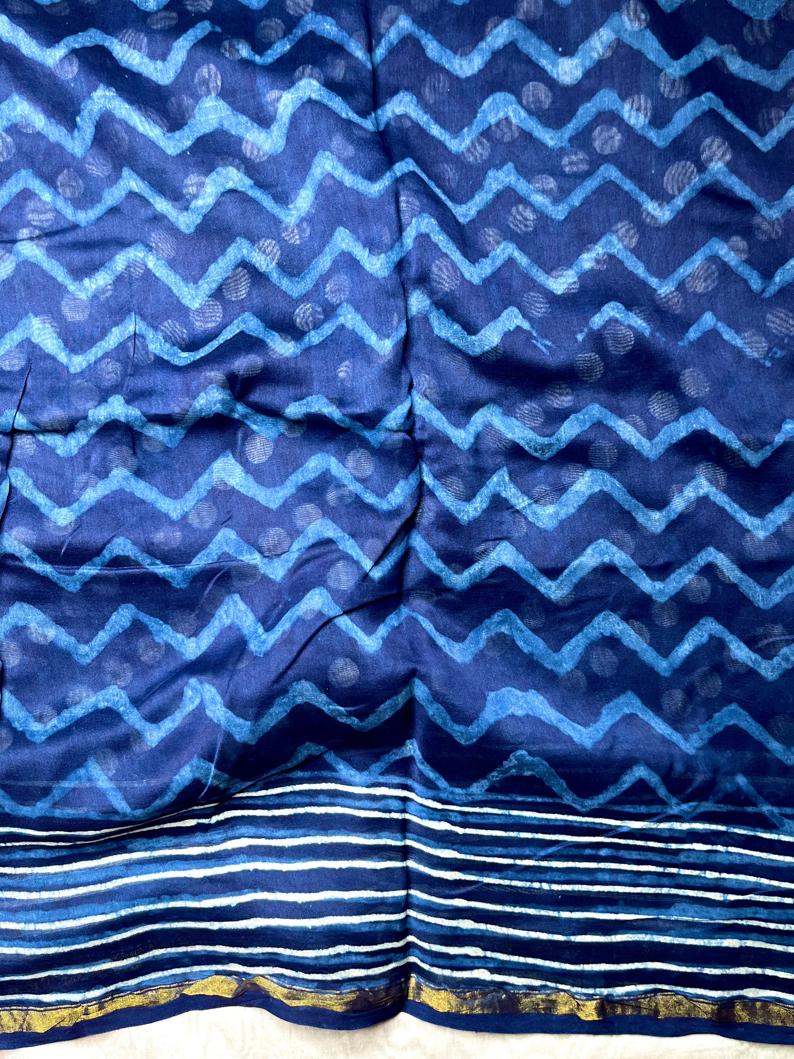 Handblock Printed Silk Cotton Saree -  Deep Sapphire Blue + Merino White