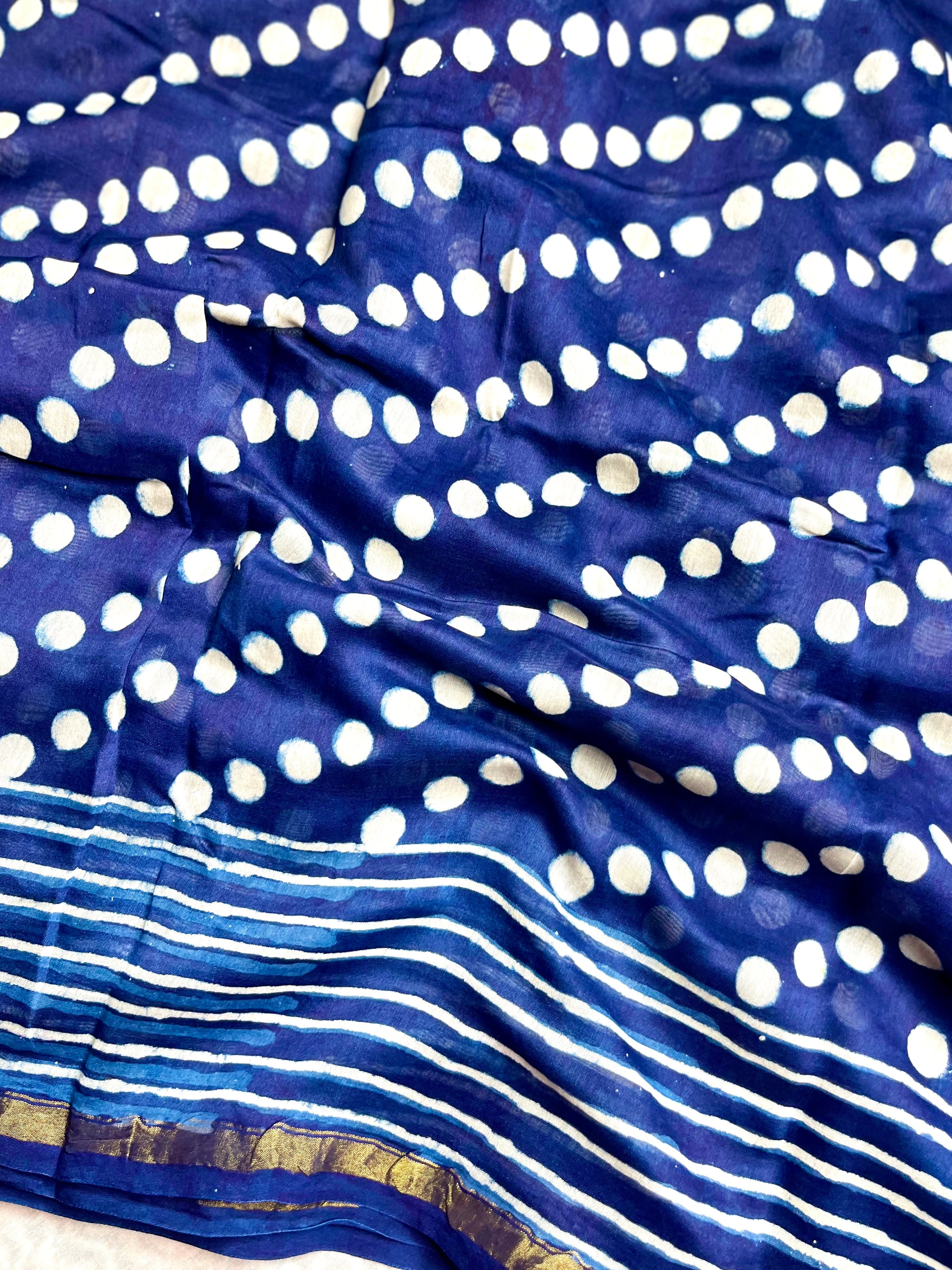 Handblock Printed Silk Cotton Saree -  Deep Sapphire Blue + Merino White