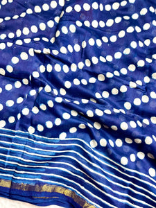 Handblock Printed Silk Cotton Saree -  Deep Sapphire Blue + Merino White
