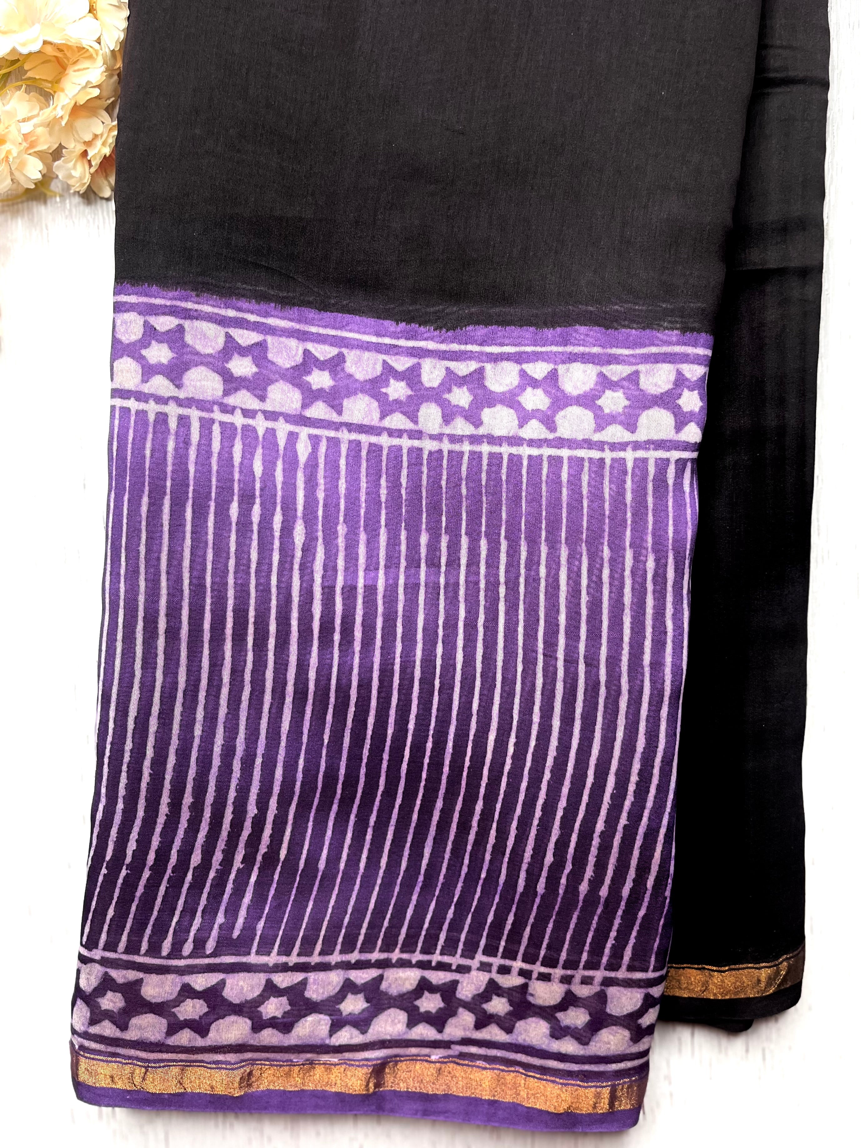 Handblock Printed Silk Cotton Saree - Cinder Black + Trendy Violet