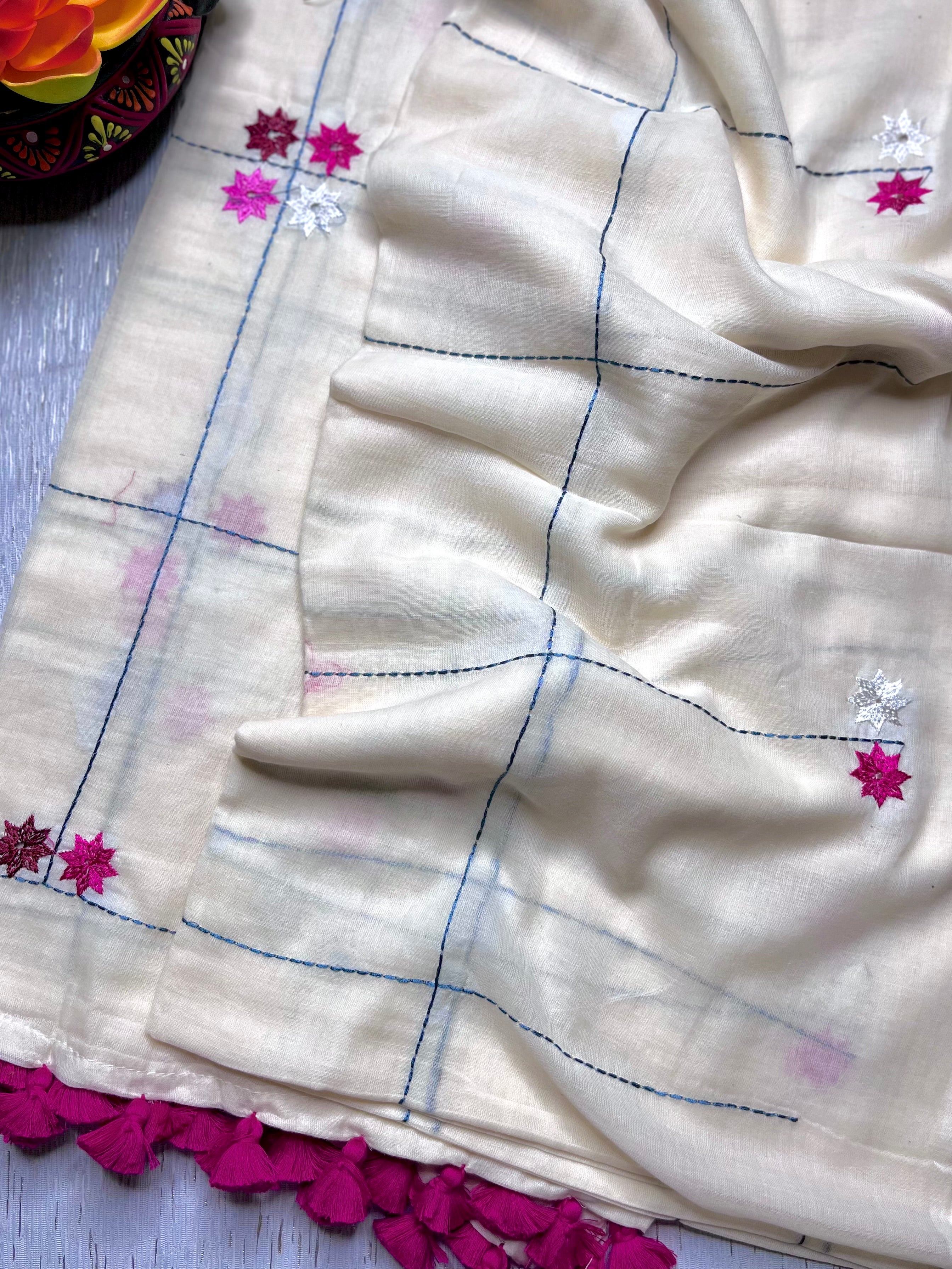 Handwoven Cotton Saree - Vista White + MegentaFlush