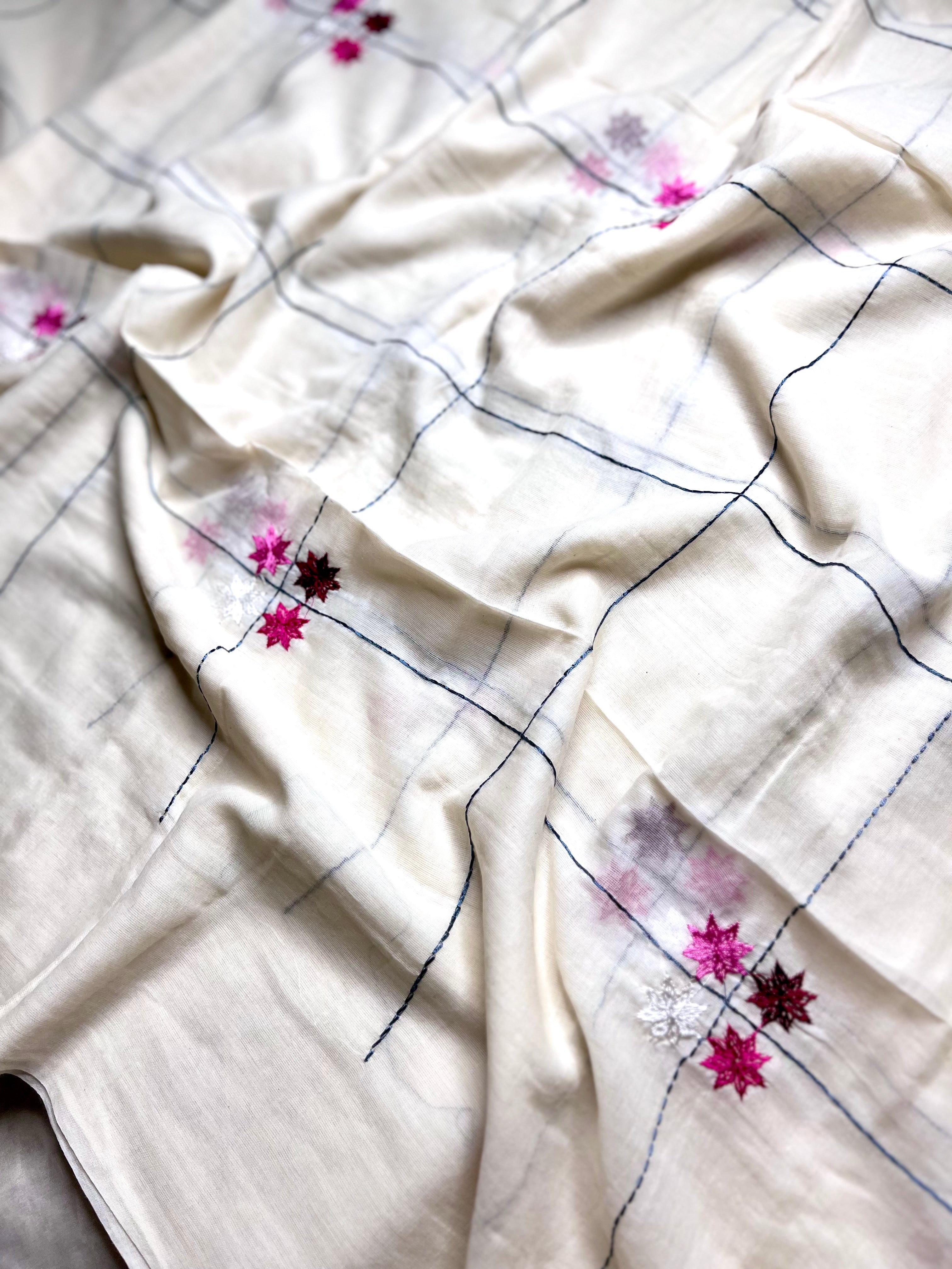 Handwoven Cotton Saree - Vista White + MegentaFlush