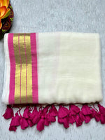 Load image into Gallery viewer, Handwoven Cotton Saree - Seashell white + Hibiscus Pink
