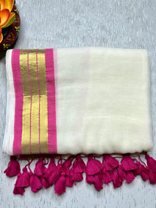 Handwoven Cotton Saree - Seashell white + Hibiscus Pink