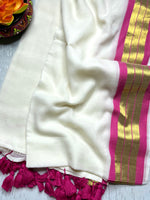 Load image into Gallery viewer, Handwoven Cotton Saree - Seashell white + Hibiscus Pink
