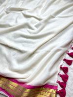 Load image into Gallery viewer, Handwoven Cotton Saree - Seashell white + Hibiscus Pink
