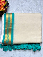 Load image into Gallery viewer, Handwoven Cotton Saree - Seashell white + Blue Green Chill
