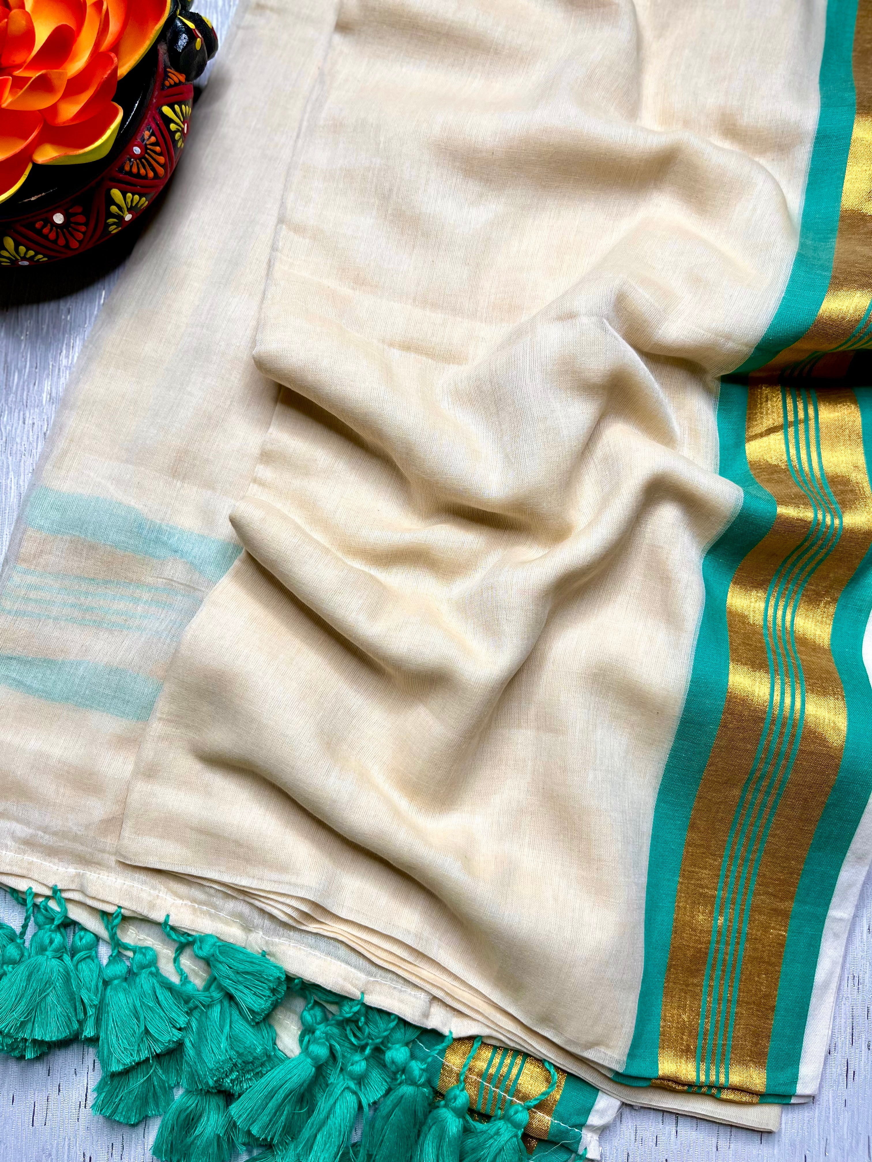 Handwoven Cotton Saree - Seashell white + Blue Green Chill