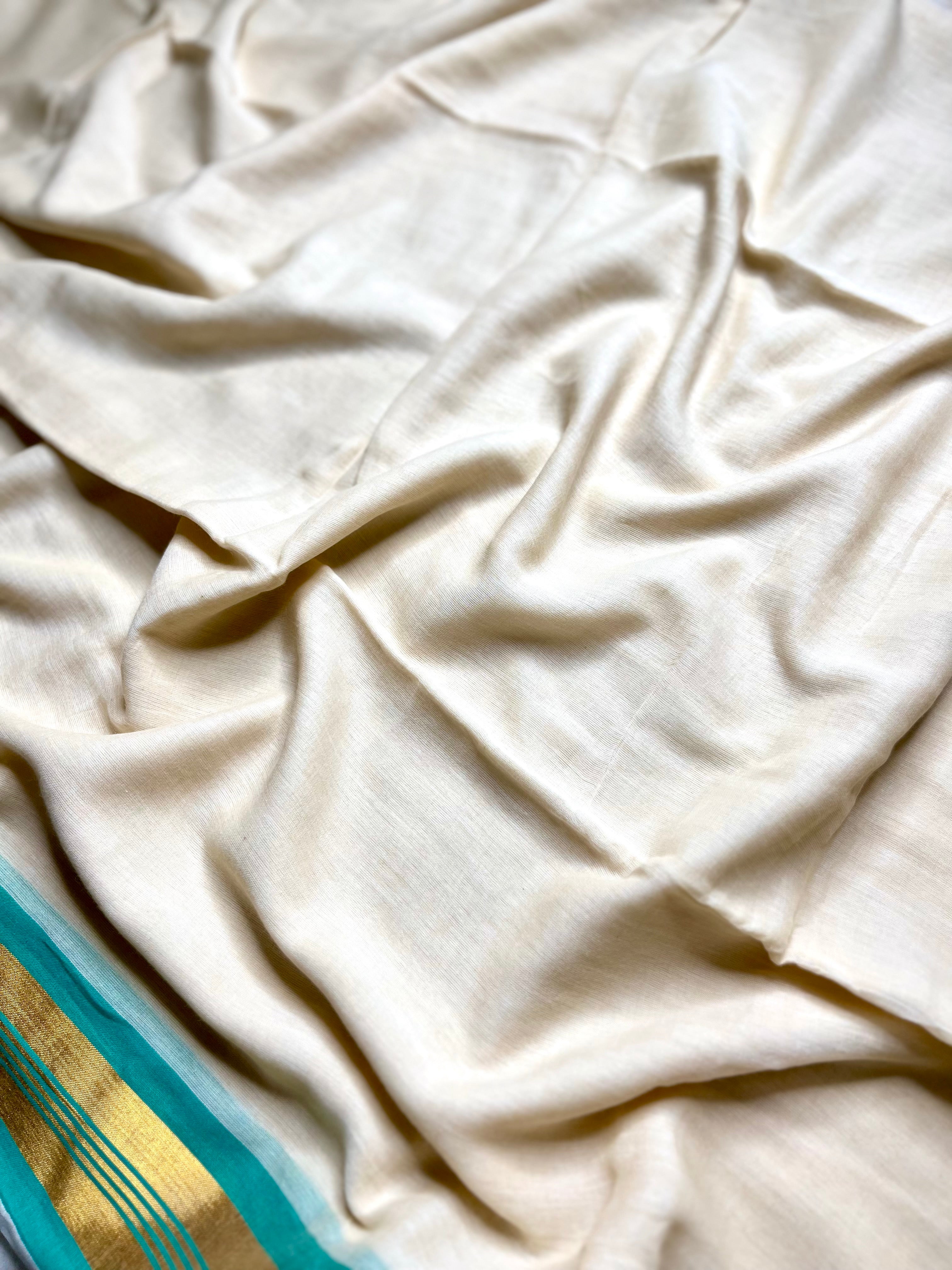 Handwoven Cotton Saree - Seashell white + Blue Green Chill