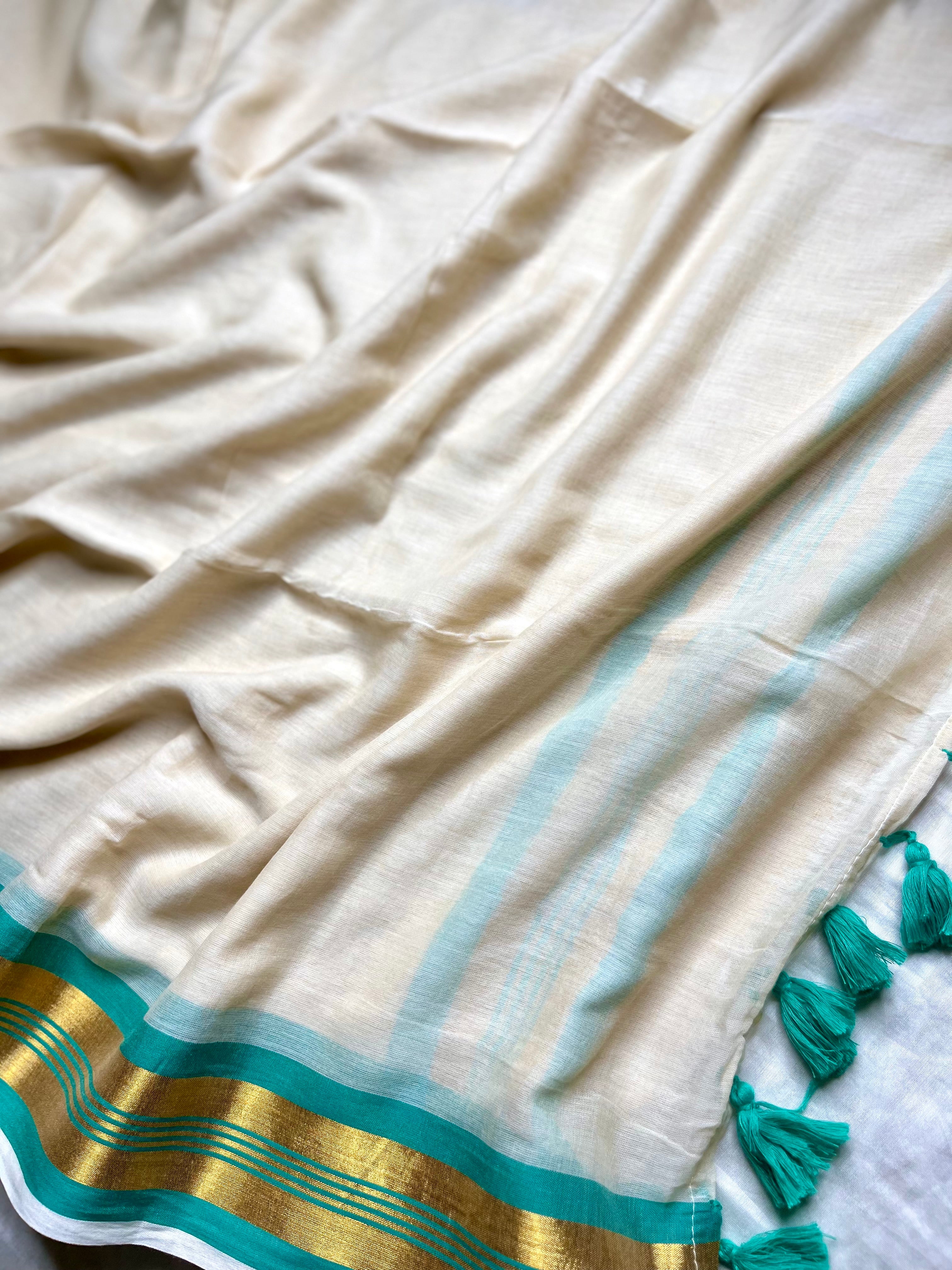 Handwoven Cotton Saree - Seashell white + Blue Green Chill