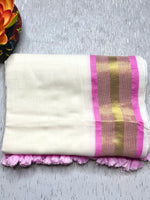 Load image into Gallery viewer, Handwoven Cotton Saree - Seashell white + Orchid Pink

