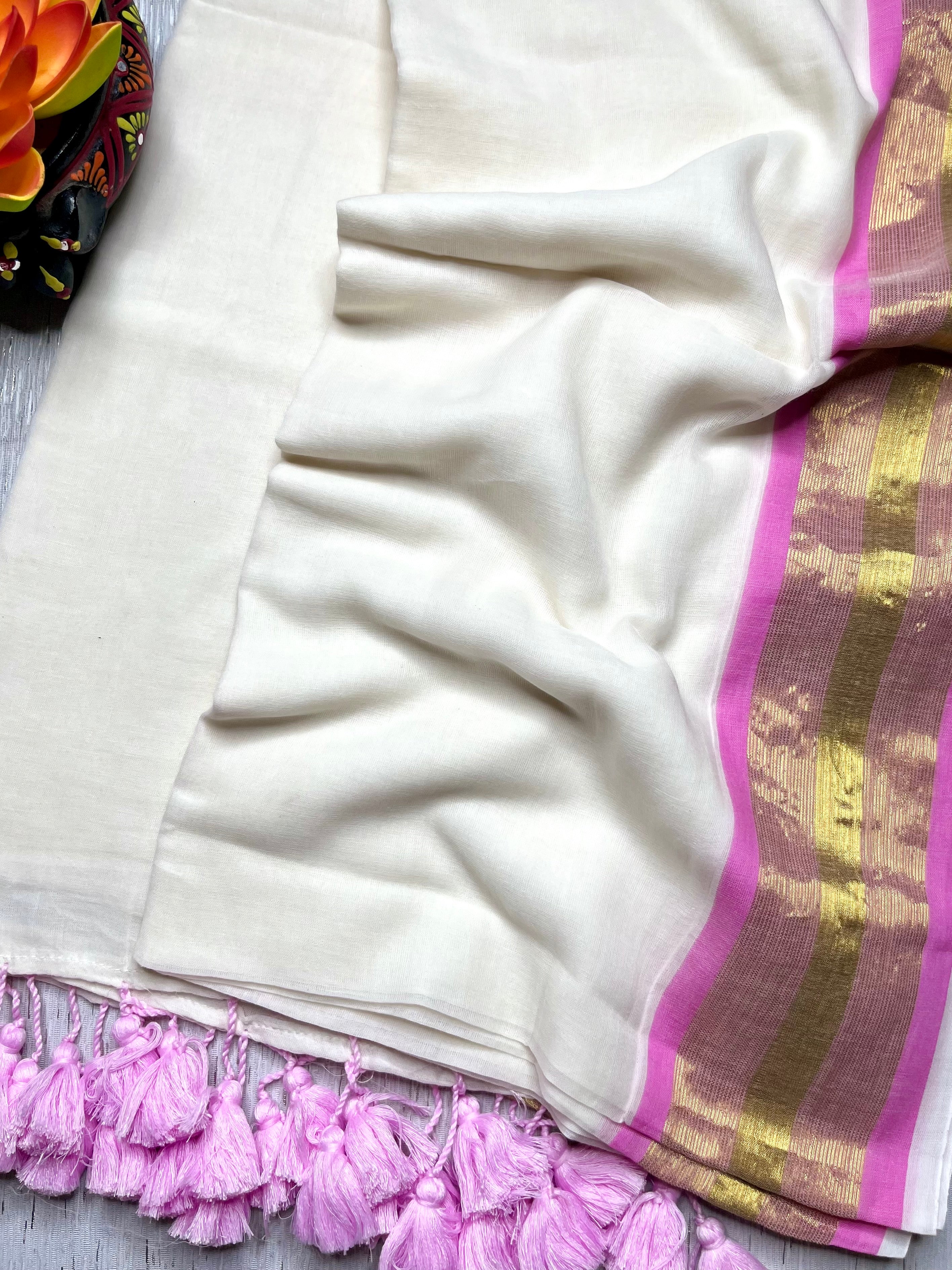 Handwoven Cotton Saree - Seashell white + Orchid Pink