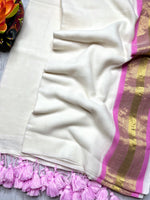 Load image into Gallery viewer, Handwoven Cotton Saree - Seashell white + Orchid Pink

