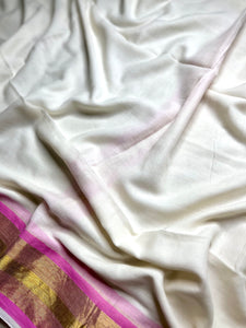 Handwoven Cotton Saree - Seashell white + Orchid Pink
