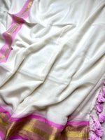 Load image into Gallery viewer, Handwoven Cotton Saree - Seashell white + Orchid Pink
