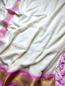 Handwoven Cotton Saree - Seashell white + Orchid Pink