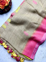 Load image into Gallery viewer, Handwoven Linen Saree - Warm Grey+ Persian Pink
