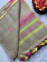 Load image into Gallery viewer, Handwoven Linen Saree - Warm Grey+ Persian Pink
