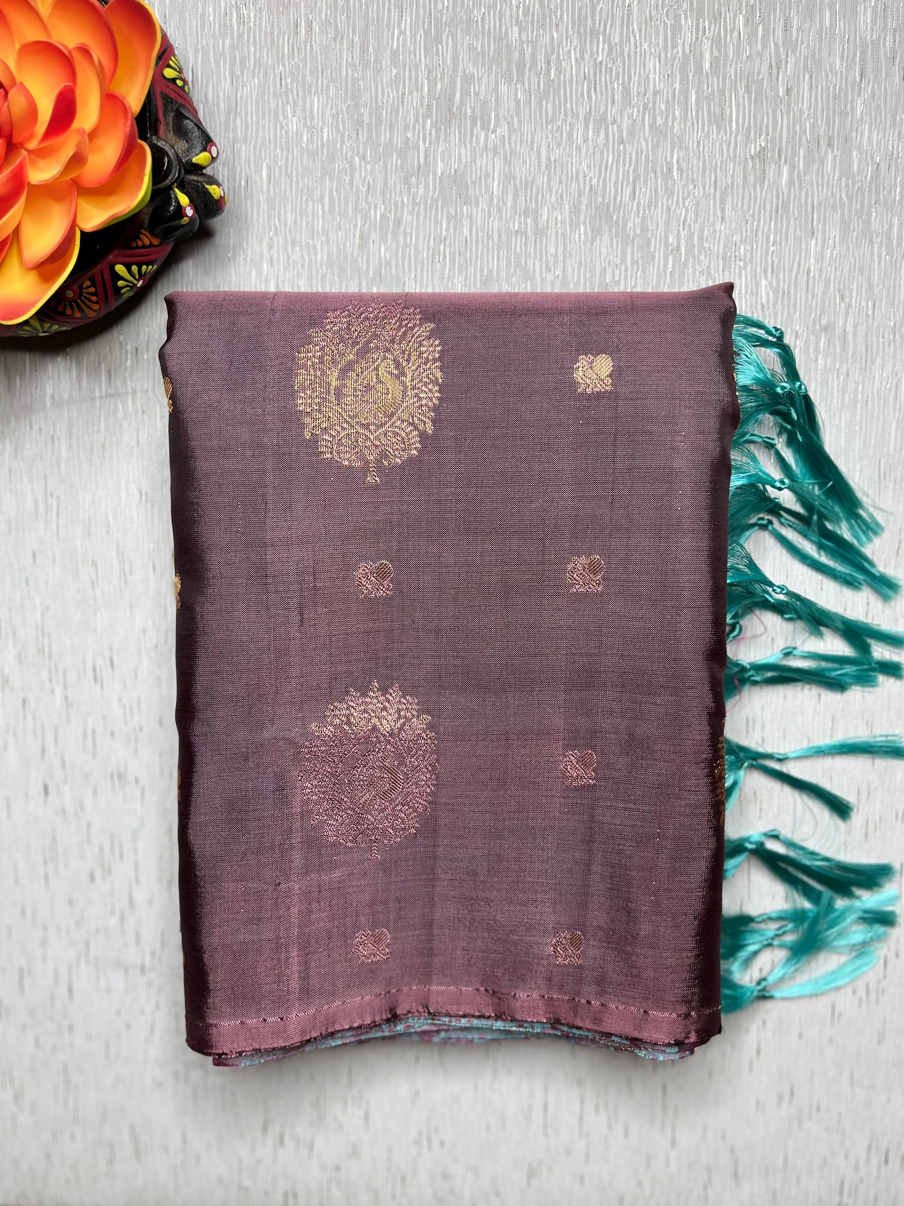 Handwoven Art Silk Saree - Congo Brown +  Rose Bud Cherry