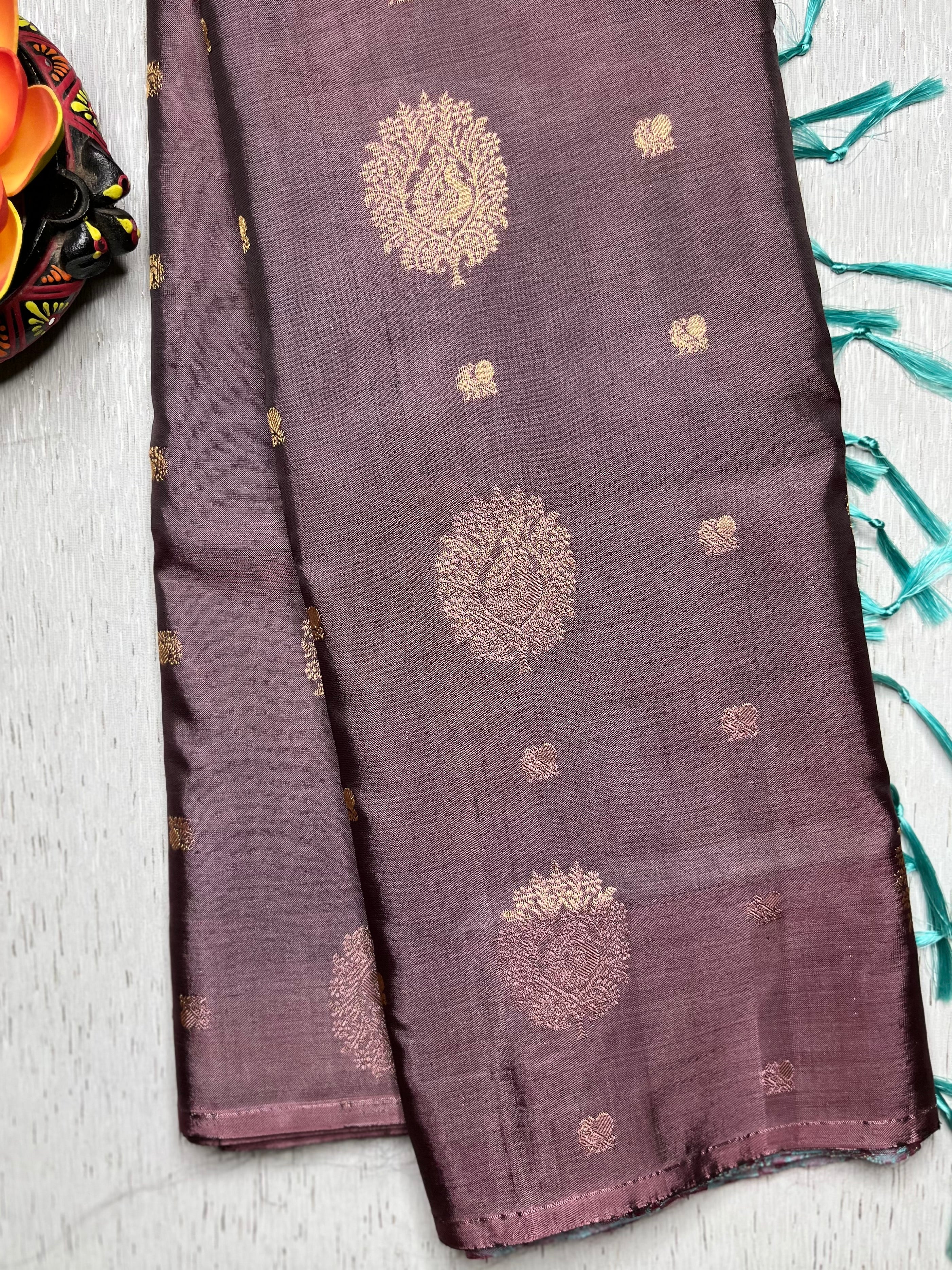 Handwoven Art Silk Saree - Congo Brown +  Rose Bud Cherry