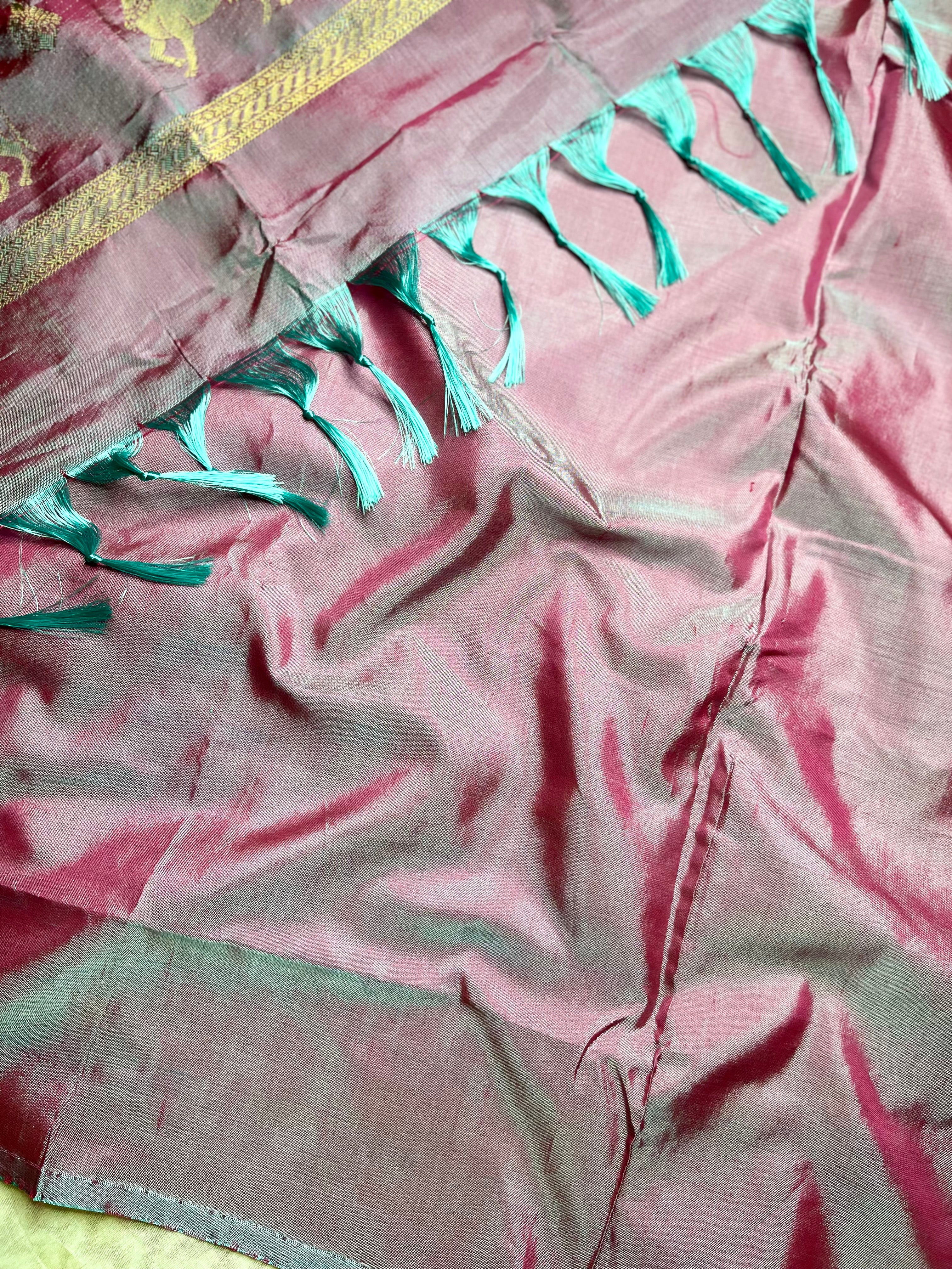 Handwoven Art Silk Saree - Congo Brown +  Rose Bud Cherry