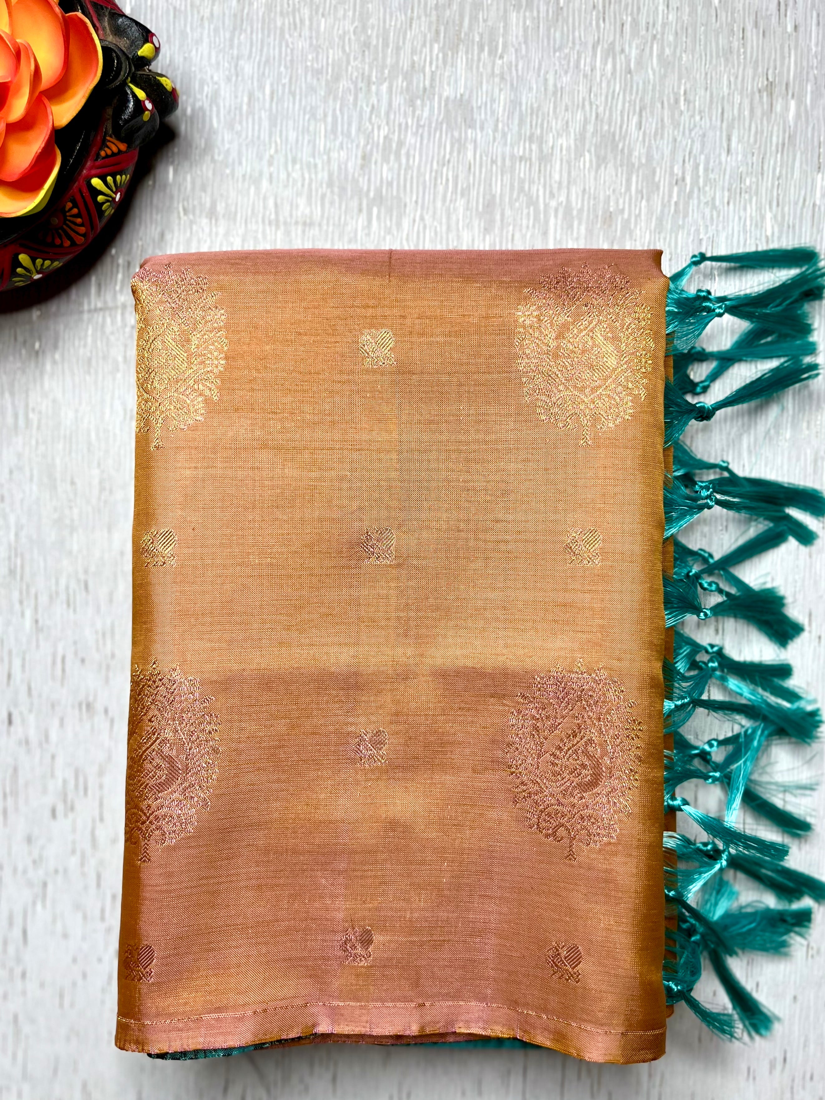 Handwoven Art Silk Saree - Vivid Apricot +  Eastern Blue