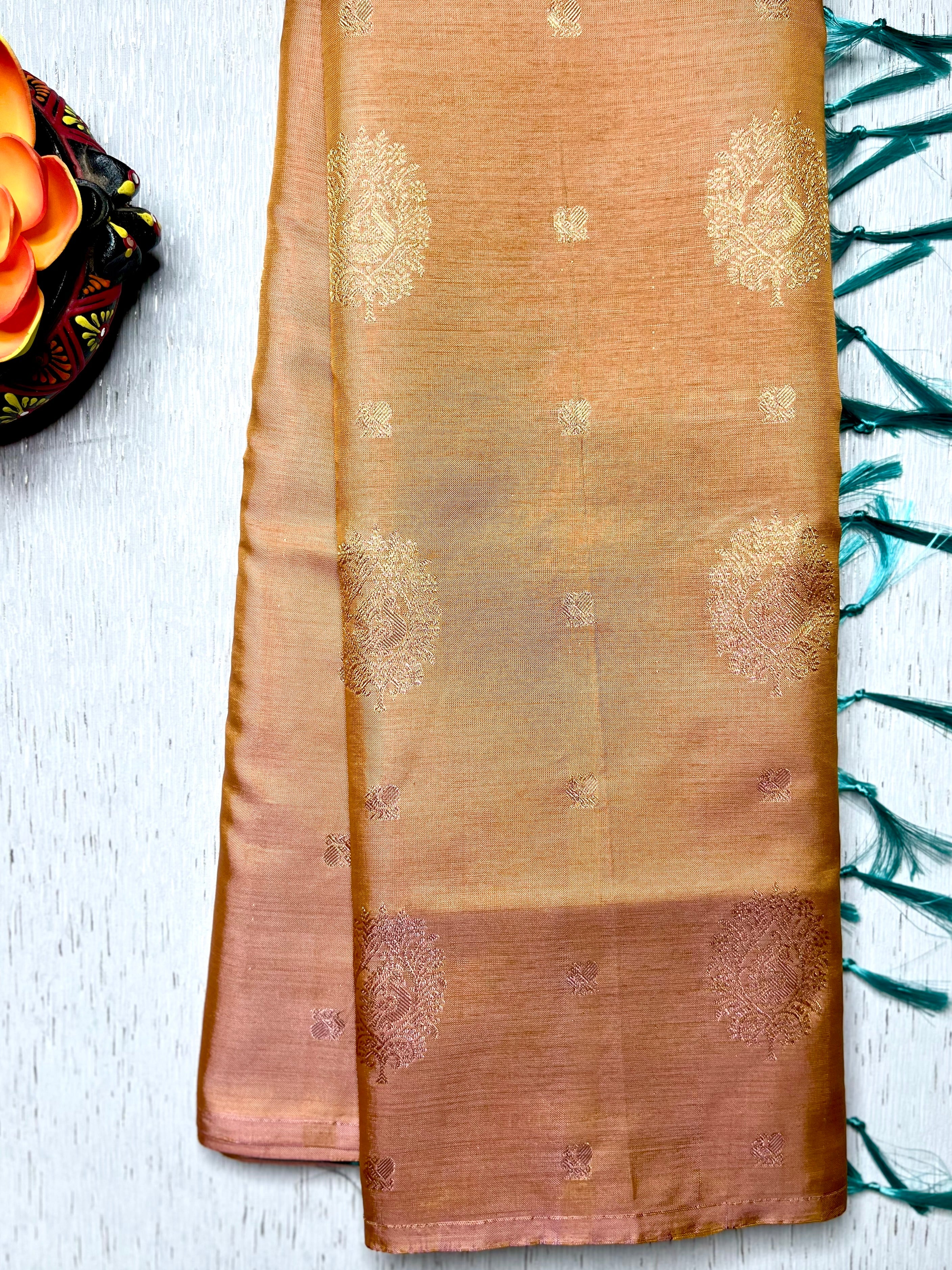 Handwoven Art Silk Saree - Vivid Apricot +  Eastern Blue