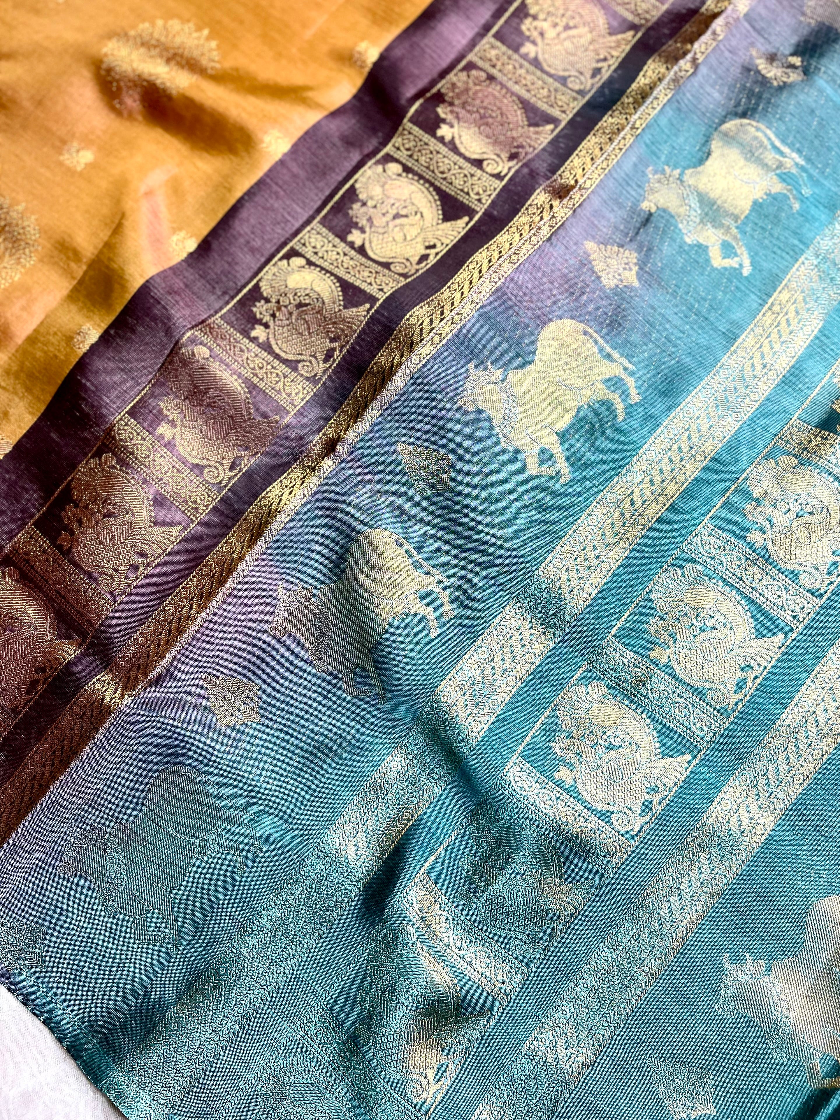 Handwoven Art Silk Saree - Vivid Apricot +  Eastern Blue