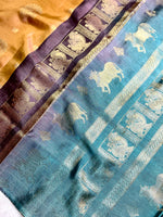 Load image into Gallery viewer, Handwoven Art Silk Saree - Vivid Apricot +  Eastern Blue
