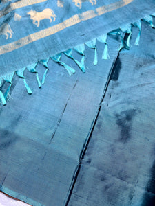 Handwoven Art Silk Saree - Vivid Apricot +  Eastern Blue