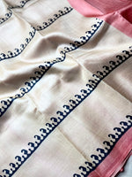 Load image into Gallery viewer, Handwoven Tussar Silk Saree - Mist White + Dusty Pink
