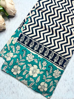 Load image into Gallery viewer, Handcrafted Cotton Saree - Black Cream + Turquoish Blue
