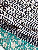 Load image into Gallery viewer, Handcrafted Cotton Saree - Black Cream + Turquoish Blue
