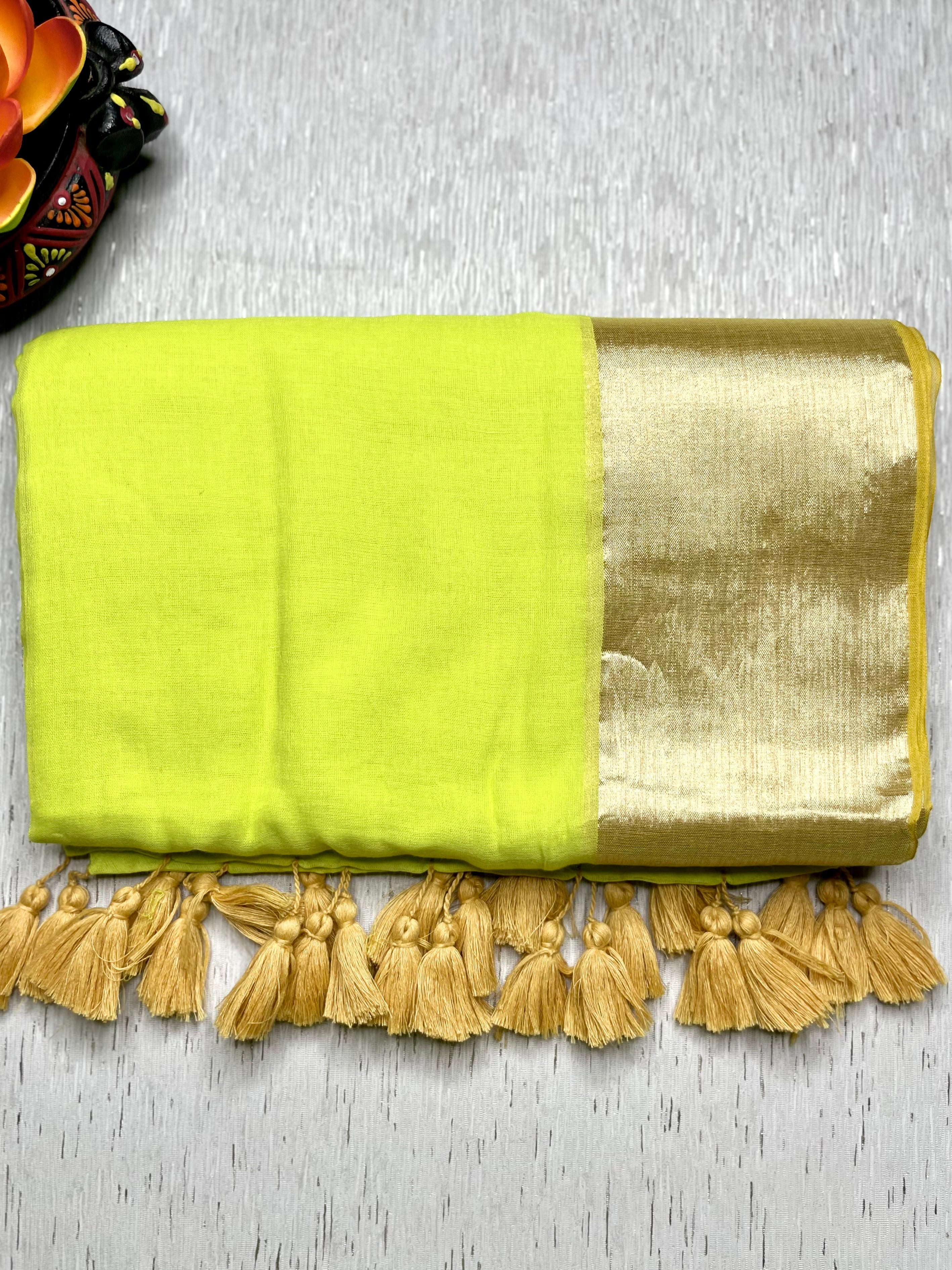Handwoven Cotton Saree - Electric Lime + Shimmer Gold