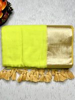 Load image into Gallery viewer, Handwoven Cotton Saree - Electric Lime + Shimmer Gold
