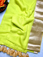 Load image into Gallery viewer, Handwoven Cotton Saree - Electric Lime + Shimmer Gold
