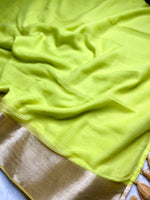 Load image into Gallery viewer, Handwoven Cotton Saree - Electric Lime + Shimmer Gold
