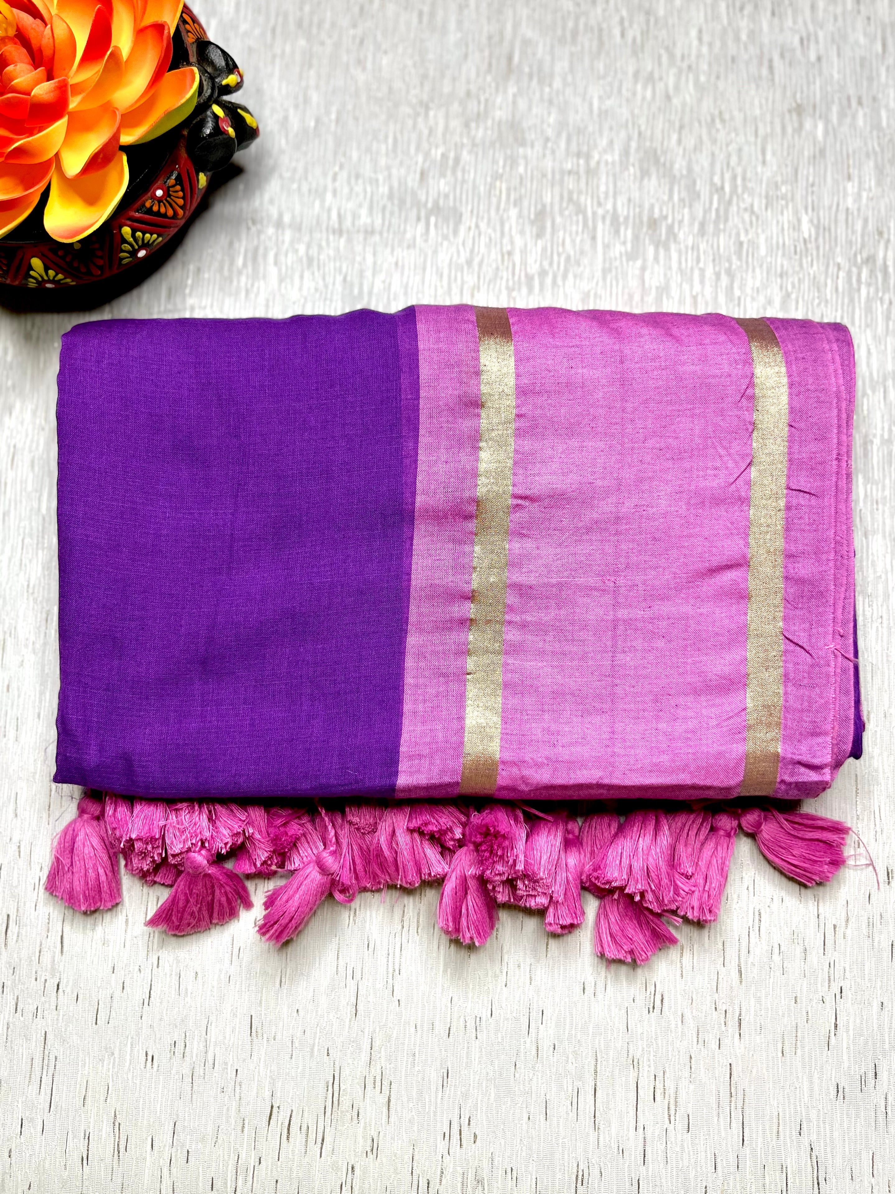 Handwoven Cotton Saree - Electric Violet + Flamingo Pink