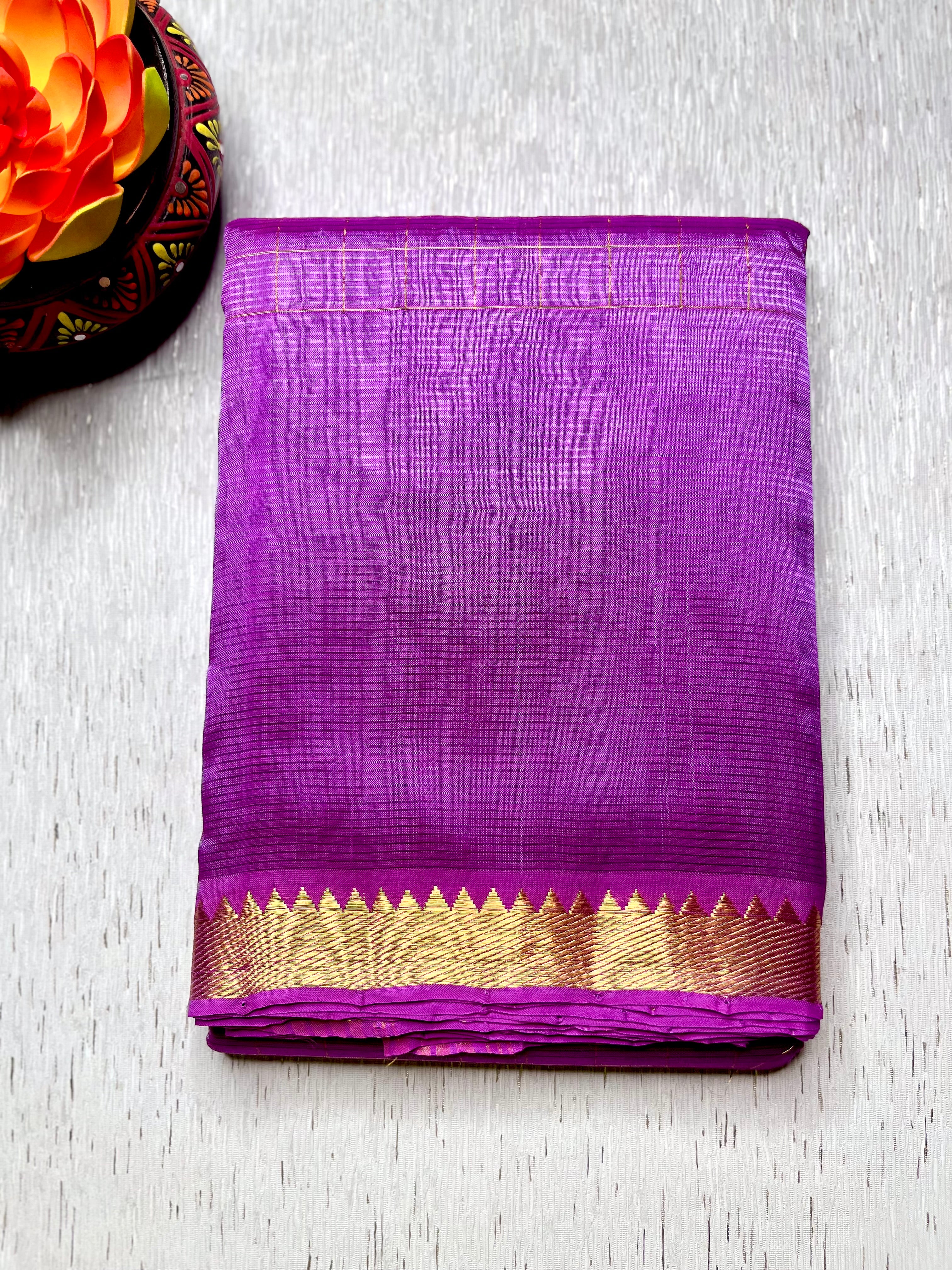 Handwoven Mangalgiri Silk Cotton Saree - Bright Lavender + Gold